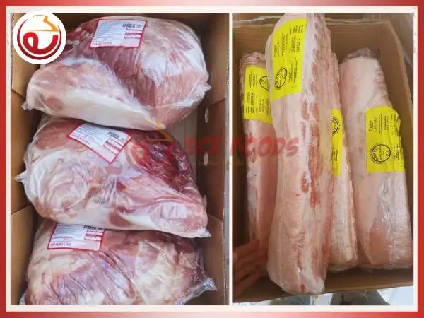 Các quy cách thịt heo nhập khẩu (ba rọi, cốt lết, nạc vai) được đóng gói chuẩn